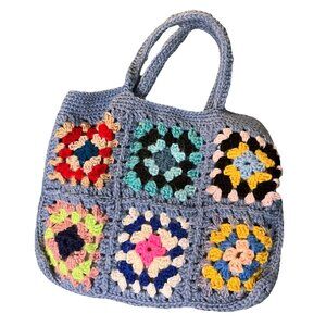Vintage Handmade Granny Square Crochet Patchwork Tote Bag Cottagecore Cozy Boho